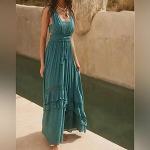 Free People Santa Maria Maxi Dress L Teal Boho Lace Open Back Tassel Tiered